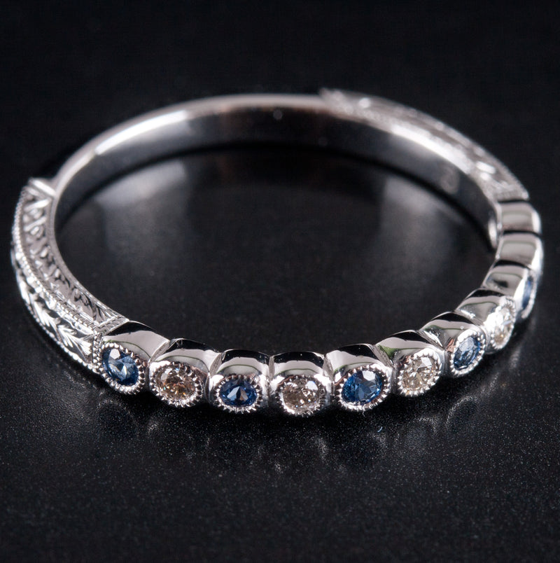 14k White Gold Cornflower Blue Sapphire & Diamond Etched Style Ring .37ctw 2.05g