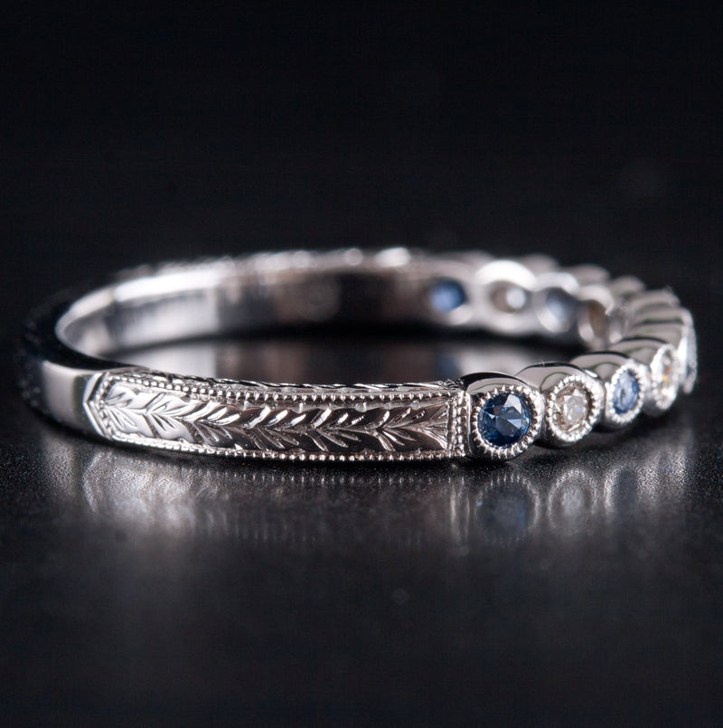 14k White Gold Cornflower Blue Sapphire & Diamond Etched Style Ring .37ctw 2.05g