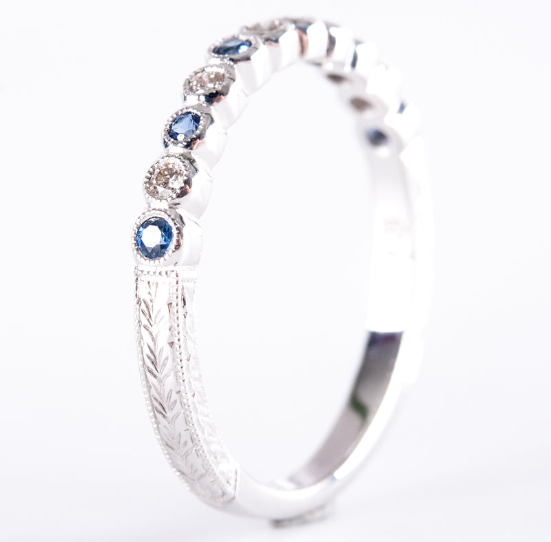 14k White Gold Cornflower Blue Sapphire & Diamond Etched Style Ring .37ctw 2.05g