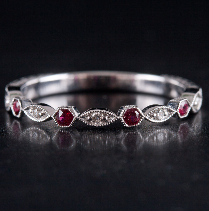 14k White Gold AA Ruby & G SI1 Diamond Etched Style Ring .15ctw 1.82g