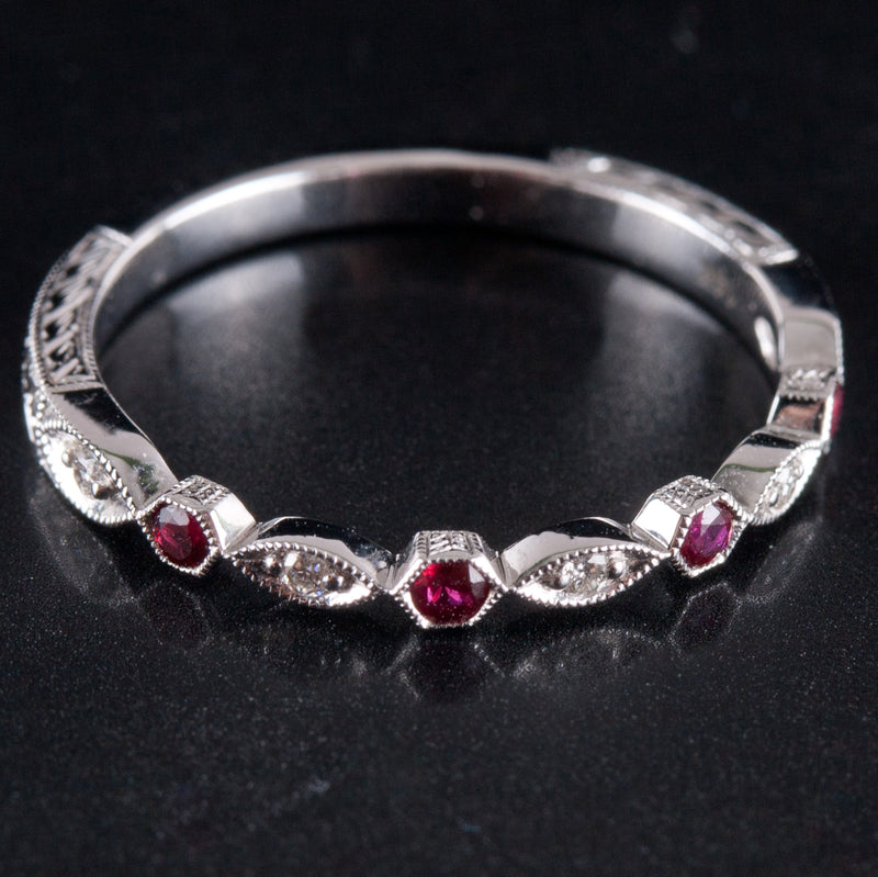 14k White Gold AA Ruby & G SI1 Diamond Etched Style Ring .15ctw 1.82g