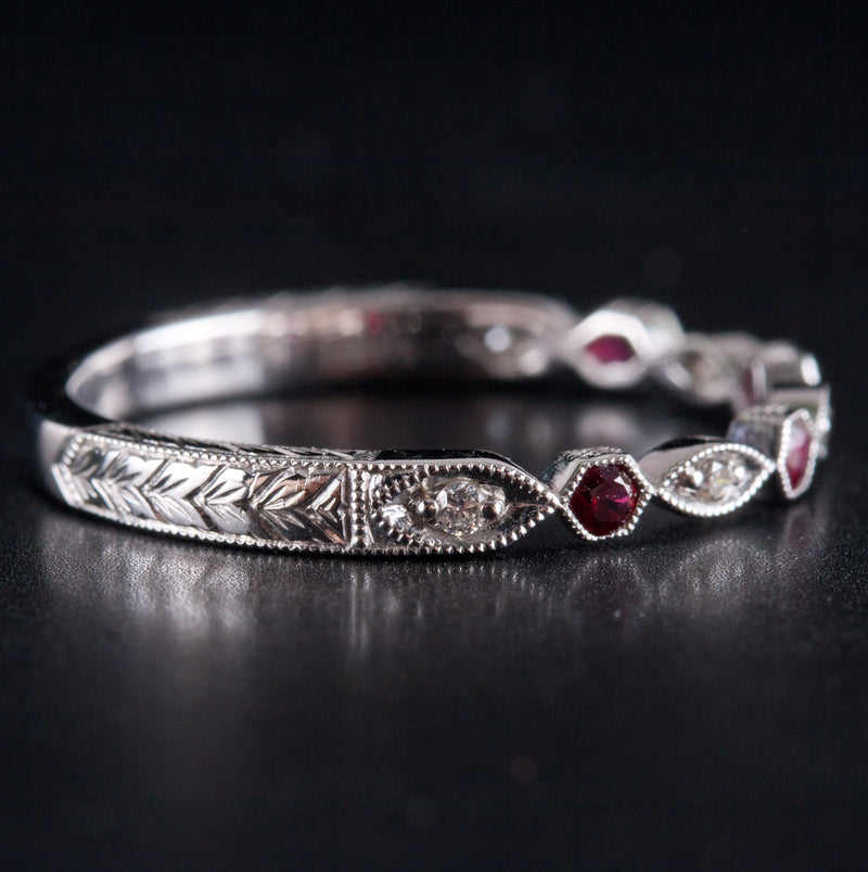 14k White Gold AA Ruby & G SI1 Diamond Etched Style Ring .15ctw 1.82g