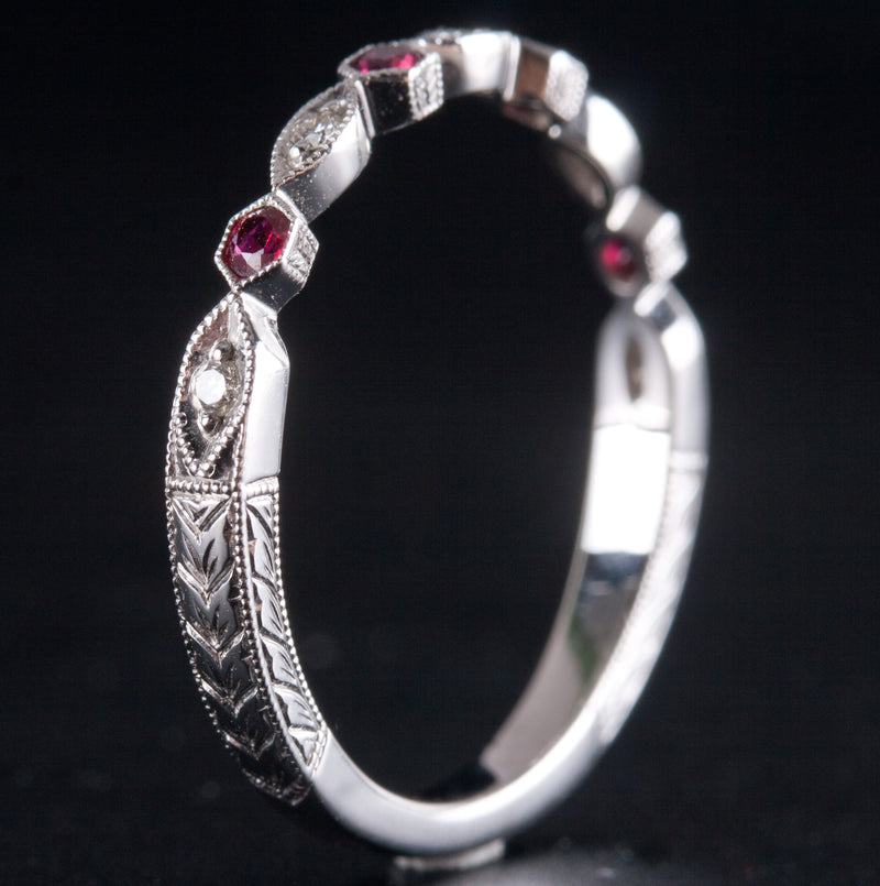 14k White Gold AA Ruby & G SI1 Diamond Etched Style Ring .15ctw 1.82g