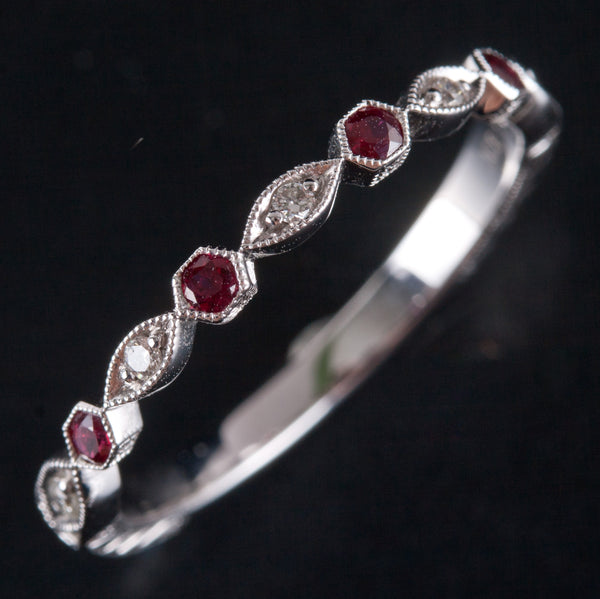14k White Gold AA Ruby & G SI1 Diamond Etched Style Ring .15ctw 1.82g