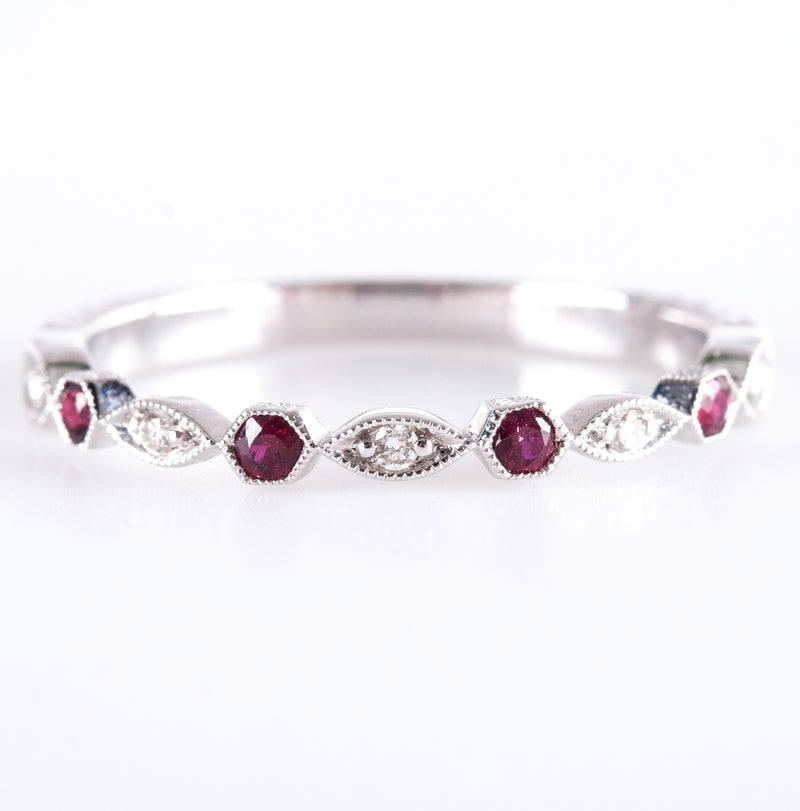 14k White Gold AA Ruby & G SI1 Diamond Etched Style Ring .15ctw 1.82g