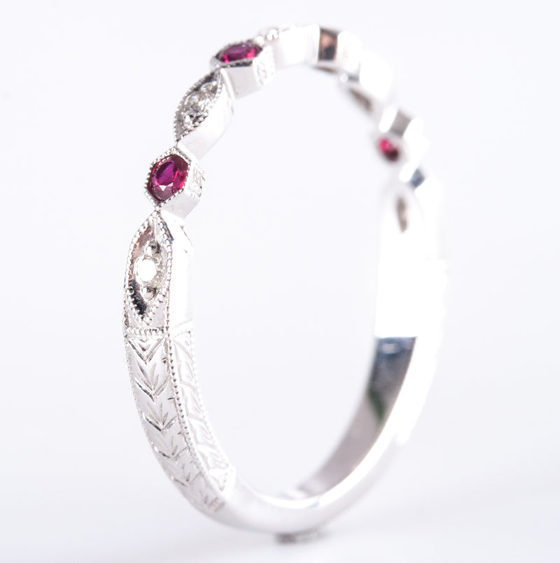 14k White Gold AA Ruby & G SI1 Diamond Etched Style Ring .15ctw 1.82g