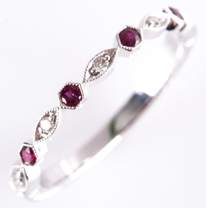 14k White Gold AA Ruby & G SI1 Diamond Etched Style Ring .15ctw 1.82g
