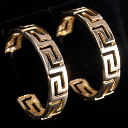 14k Yellow Gold Greek Key Style Hoop Earrings W/ Butterfly Backs 6.15g