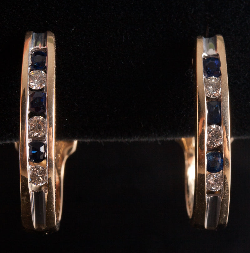 14k Yellow White Gold Round Sapphire Diamond Huggie Earrings .42ctw 4.05g