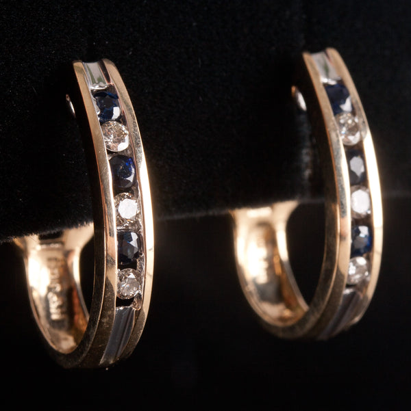 14k Yellow White Gold Round Sapphire Diamond Huggie Earrings .42ctw 4.05g