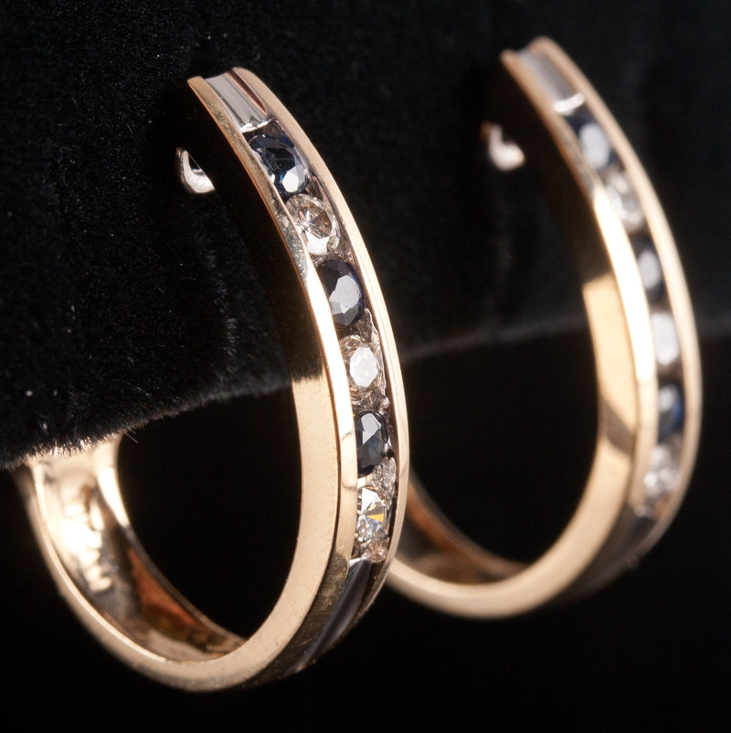 14k Yellow White Gold Round Sapphire Diamond Huggie Earrings .42ctw 4.05g