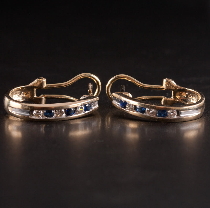 14k Yellow White Gold Round Sapphire Diamond Huggie Earrings .42ctw 4.05g