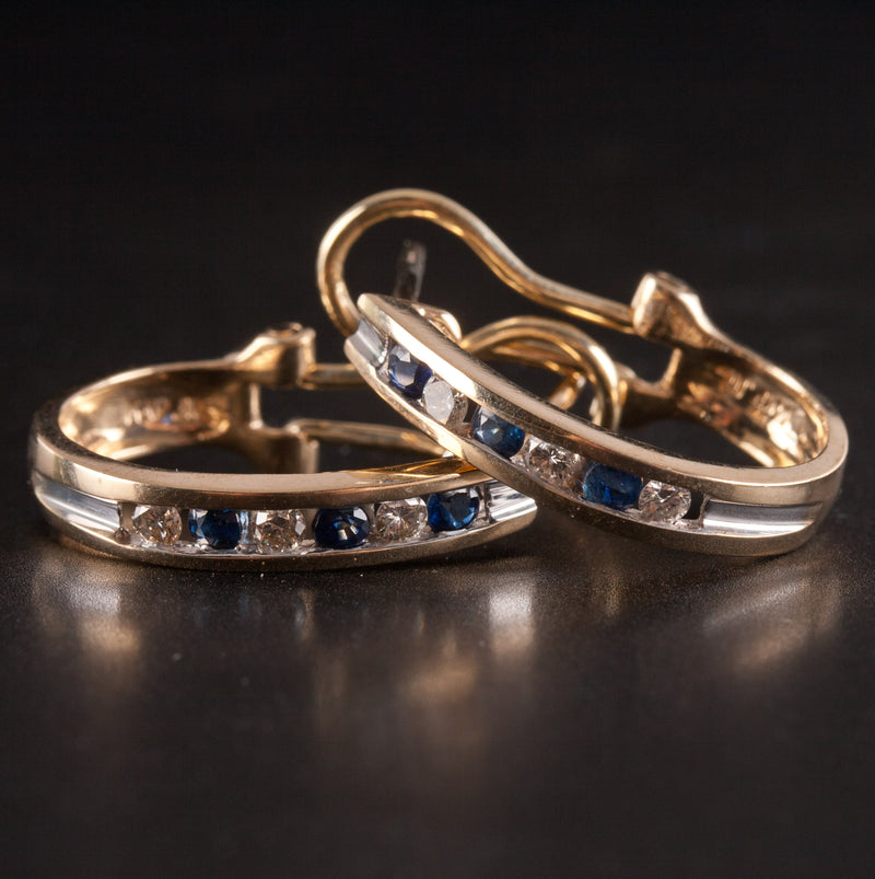 14k Yellow White Gold Round Sapphire Diamond Huggie Earrings .42ctw 4.05g