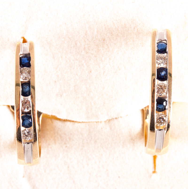 14k Yellow White Gold Round Sapphire Diamond Huggie Earrings .42ctw 4.05g