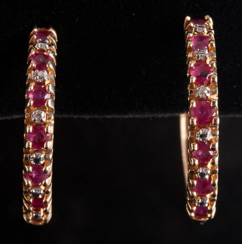 10k Yellow Gold Round Ruby Diamond Hoop Style Earrings 1.55ctw 3.25g