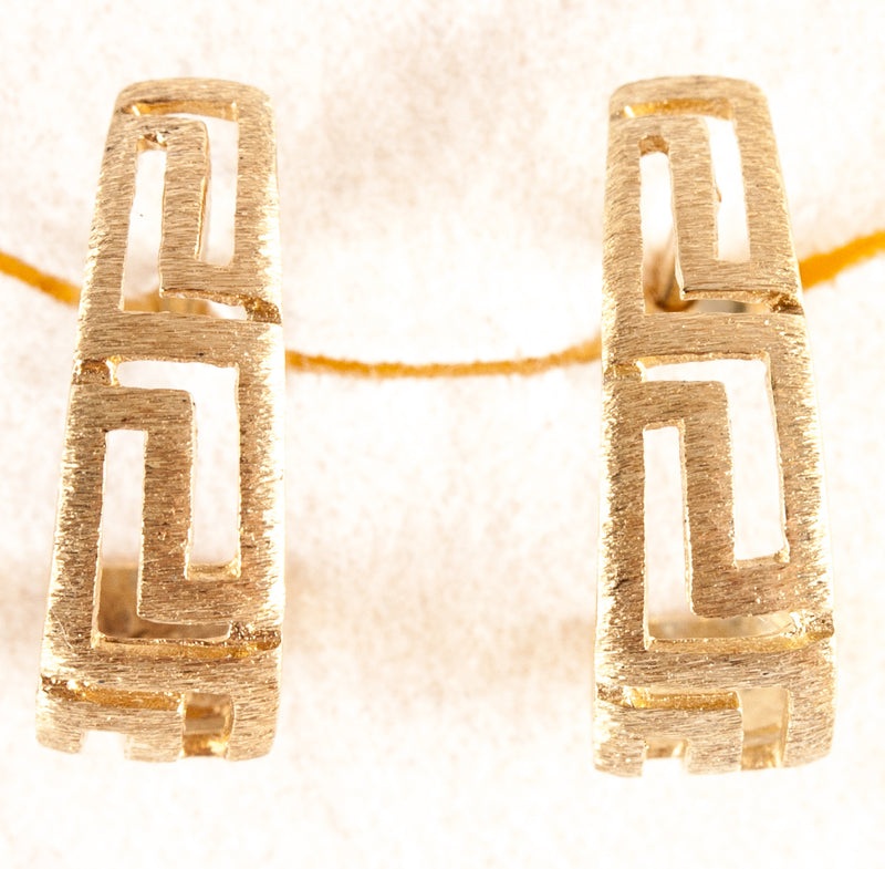 14k Yellow Gold Greek Key Style Half Hoop Huggie Earrings W/ Brushed Finish