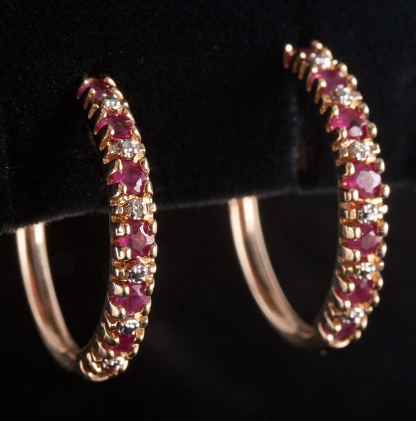 10k Yellow Gold Round Ruby Diamond Hoop Style Earrings 1.55ctw 3.25g