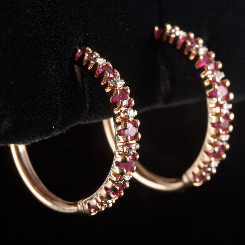 10k Yellow Gold Round Ruby Diamond Hoop Style Earrings 1.55ctw 3.25g