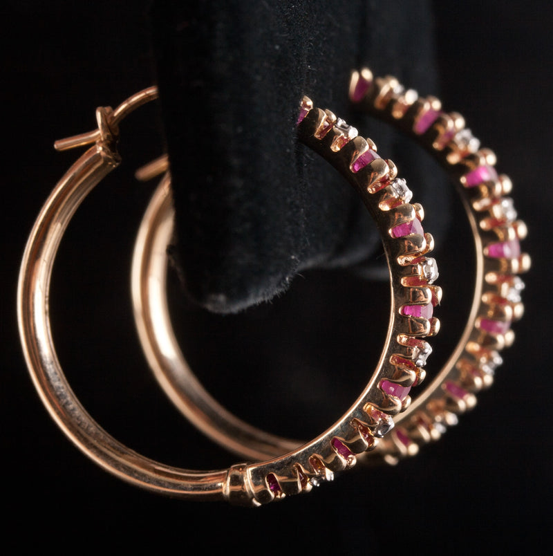 10k Yellow Gold Round Ruby Diamond Hoop Style Earrings 1.55ctw 3.25g