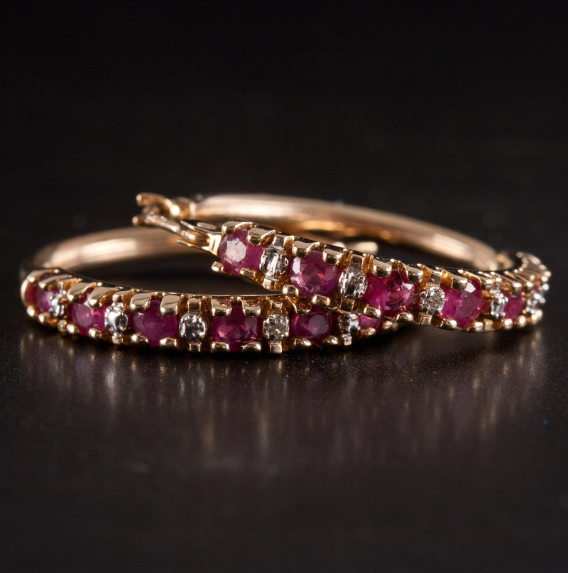 10k Yellow Gold Round Ruby Diamond Hoop Style Earrings 1.55ctw 3.25g
