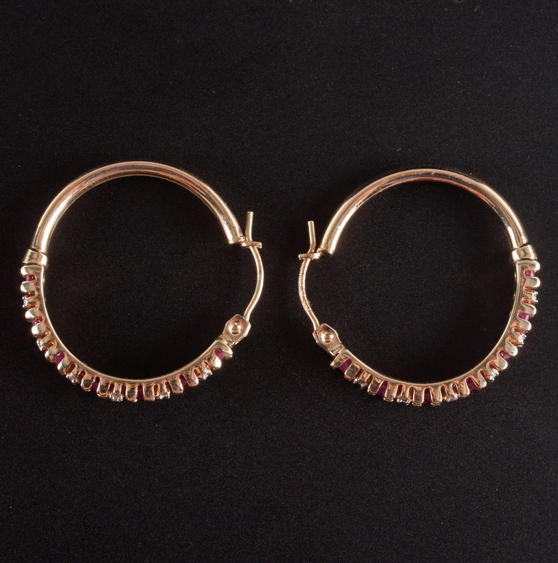 10k Yellow Gold Round Ruby Diamond Hoop Style Earrings 1.55ctw 3.25g