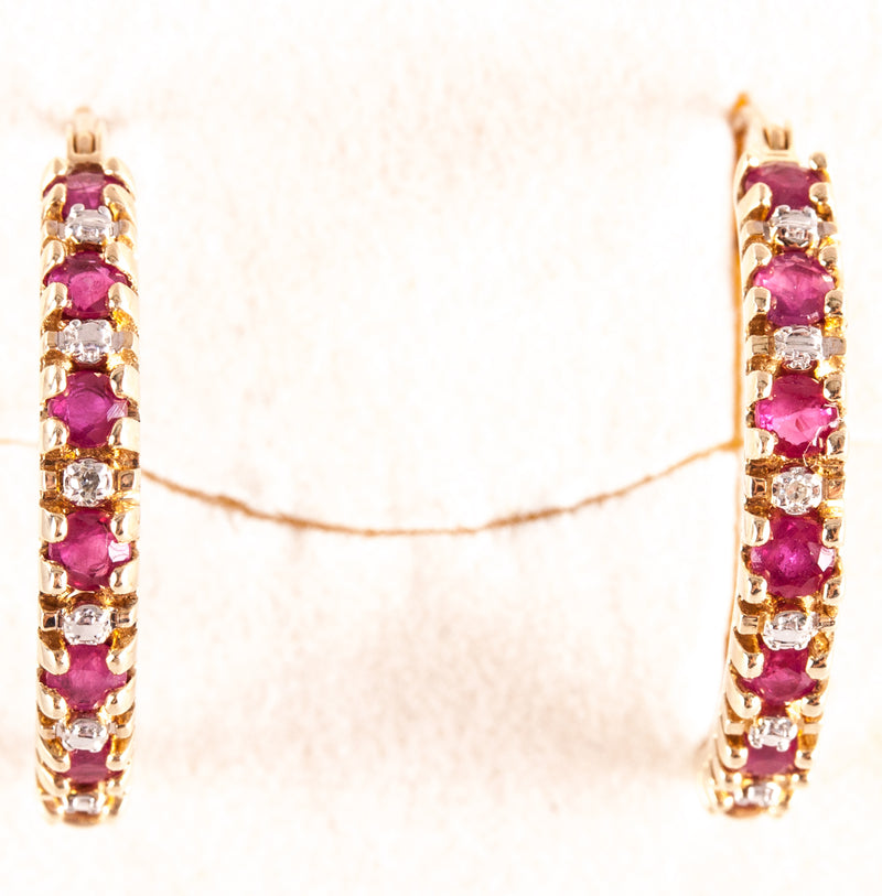 10k Yellow Gold Round Ruby Diamond Hoop Style Earrings 1.55ctw 3.25g