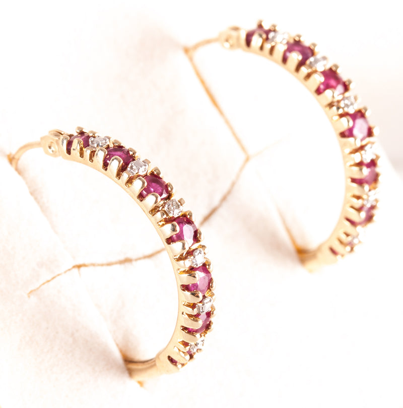 10k Yellow Gold Round Ruby Diamond Hoop Style Earrings 1.55ctw 3.25g