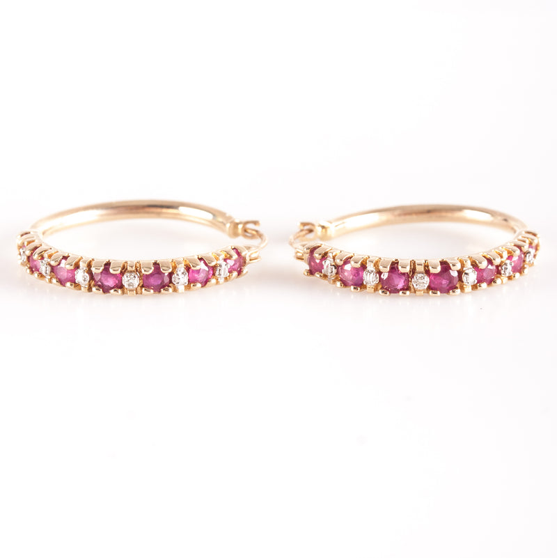 10k Yellow Gold Round Ruby Diamond Hoop Style Earrings 1.55ctw 3.25g
