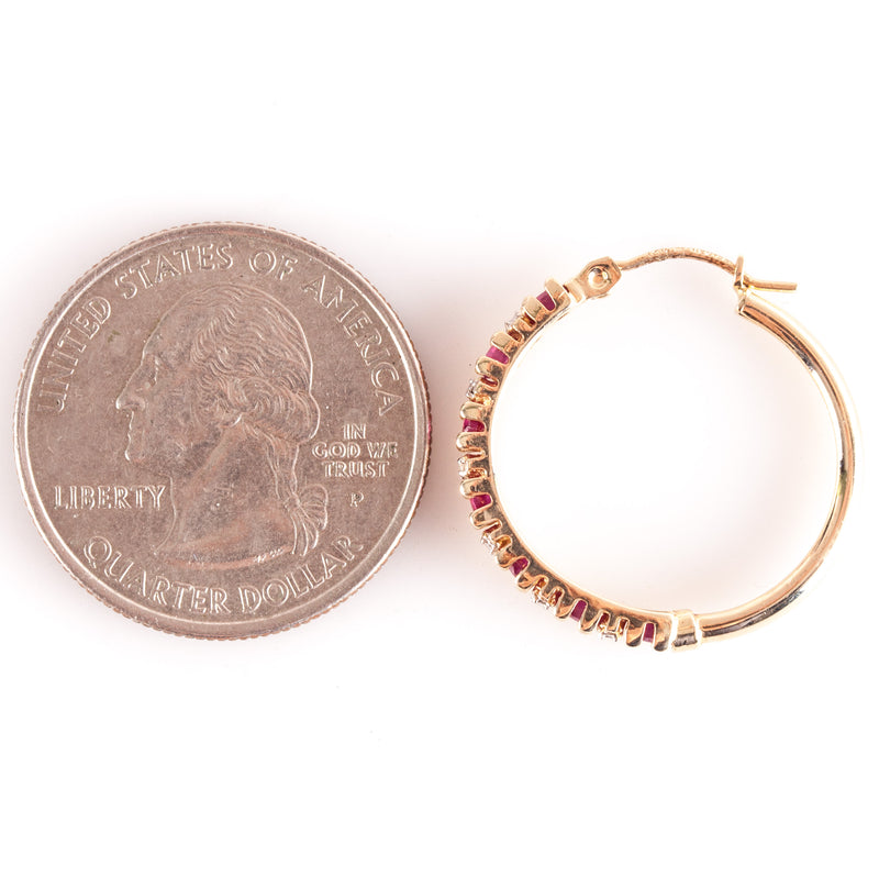 10k Yellow Gold Round Ruby Diamond Hoop Style Earrings 1.55ctw 3.25g