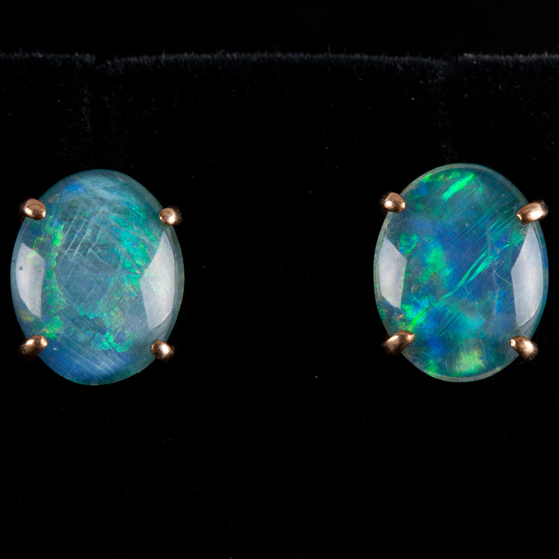 14k Yellow Gold Oval Cabochon Triplet Opal Solitaire Stud Earrings 2.05g