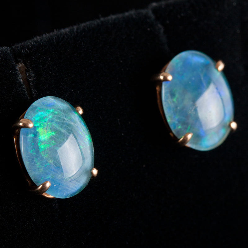 14k Yellow Gold Oval Cabochon Triplet Opal Solitaire Stud Earrings 2.05g