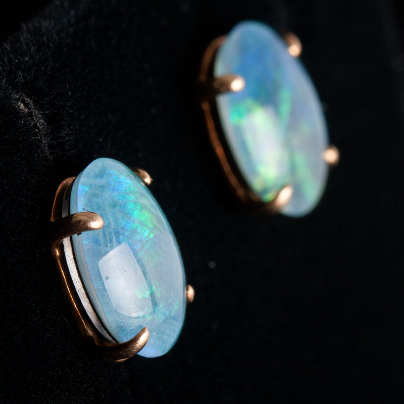 14k Yellow Gold Oval Cabochon Triplet Opal Solitaire Stud Earrings 2.05g