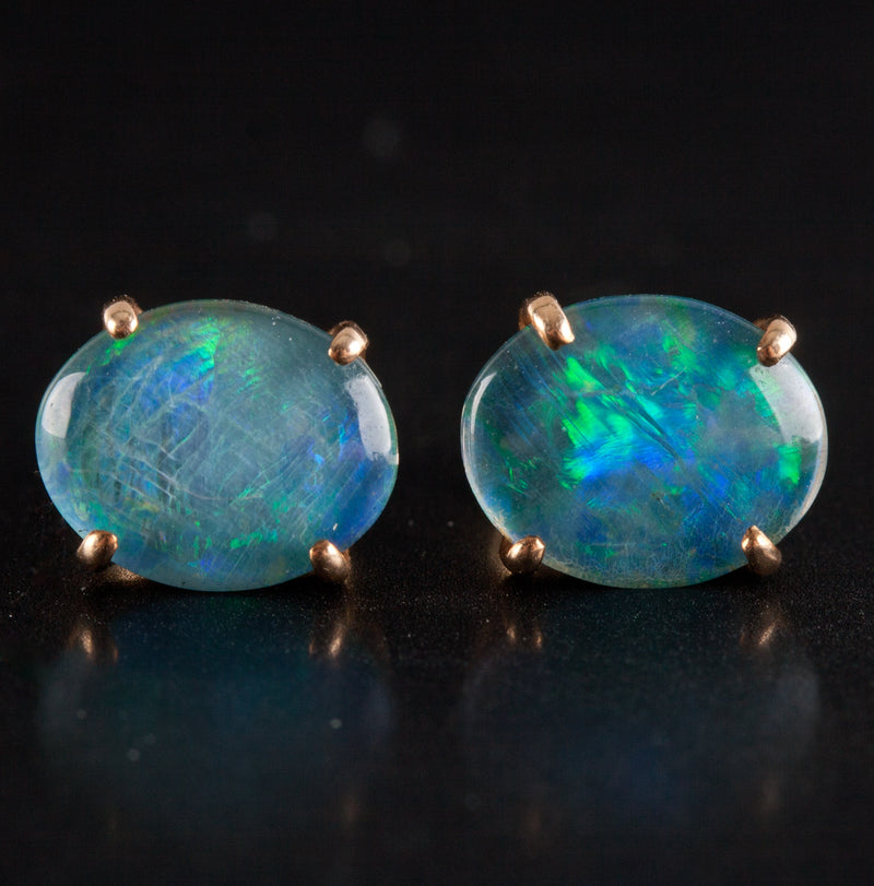 14k Yellow Gold Oval Cabochon Triplet Opal Solitaire Stud Earrings 2.05g