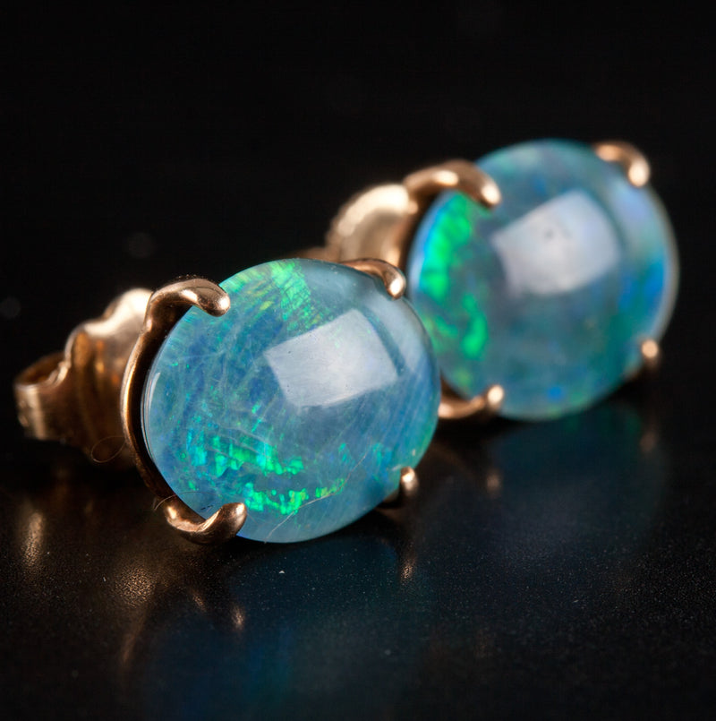 14k Yellow Gold Oval Cabochon Triplet Opal Solitaire Stud Earrings 2.05g