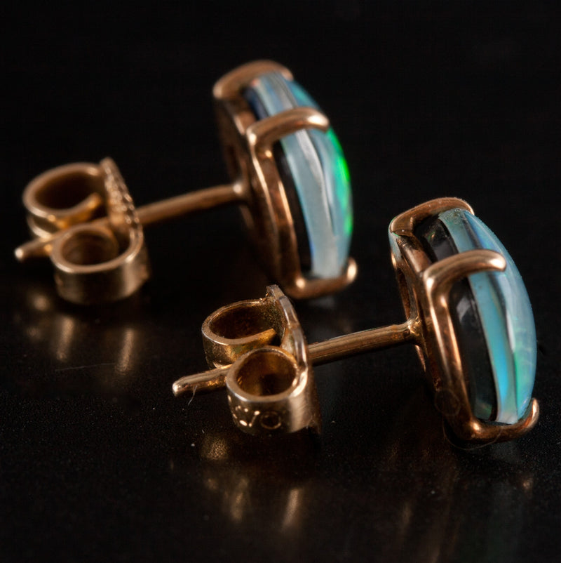 14k Yellow Gold Oval Cabochon Triplet Opal Solitaire Stud Earrings 2.05g