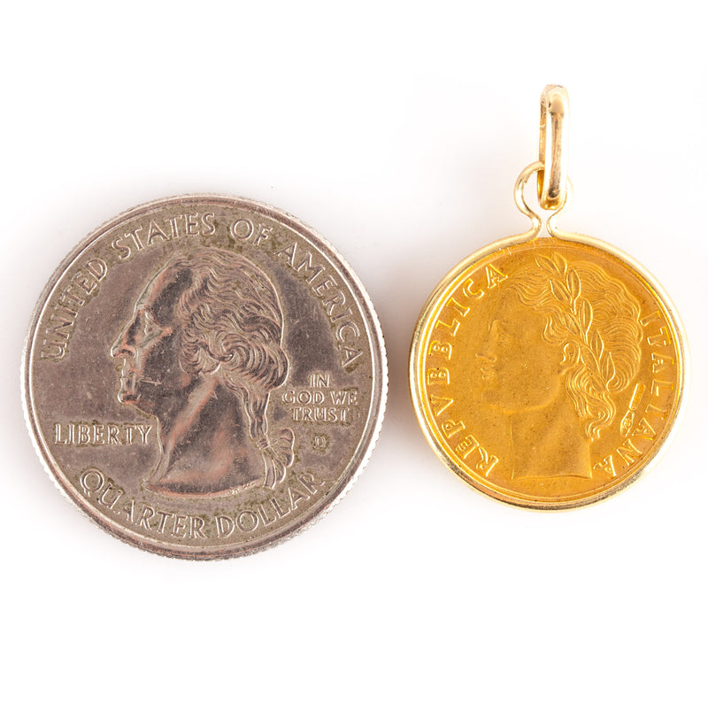 18k Yellow Gold 100 Lira Replica Gold Coin Pendant W/ 14k Yellow Gold Bezel 3.0g