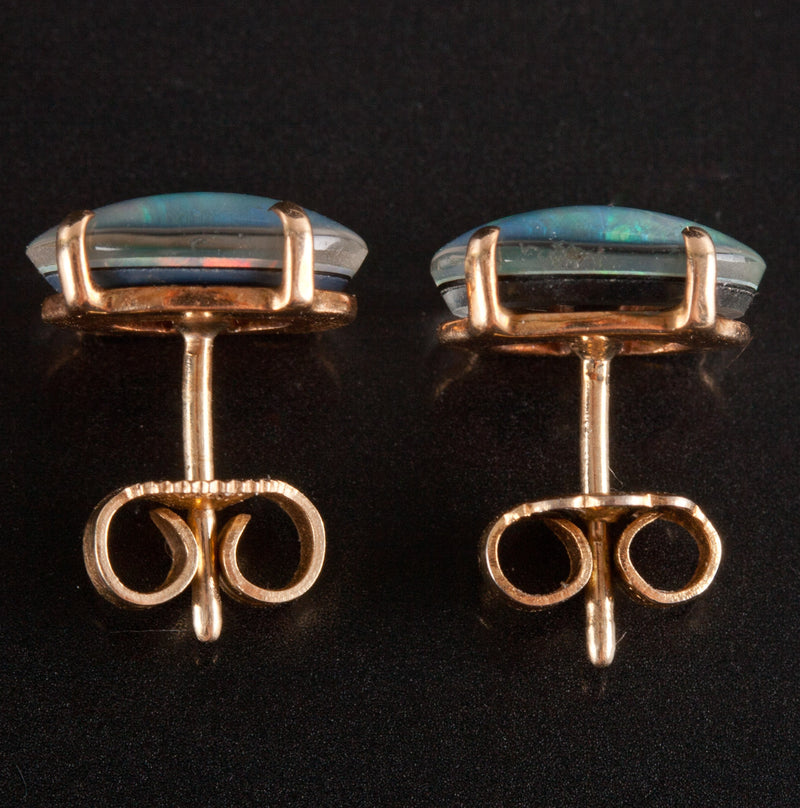 14k Yellow Gold Oval Cabochon Triplet Opal Solitaire Stud Earrings 2.05g