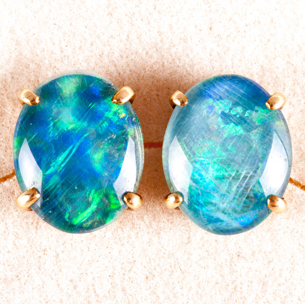 14k Yellow Gold Oval Cabochon Triplet Opal Solitaire Stud Earrings 2.05g