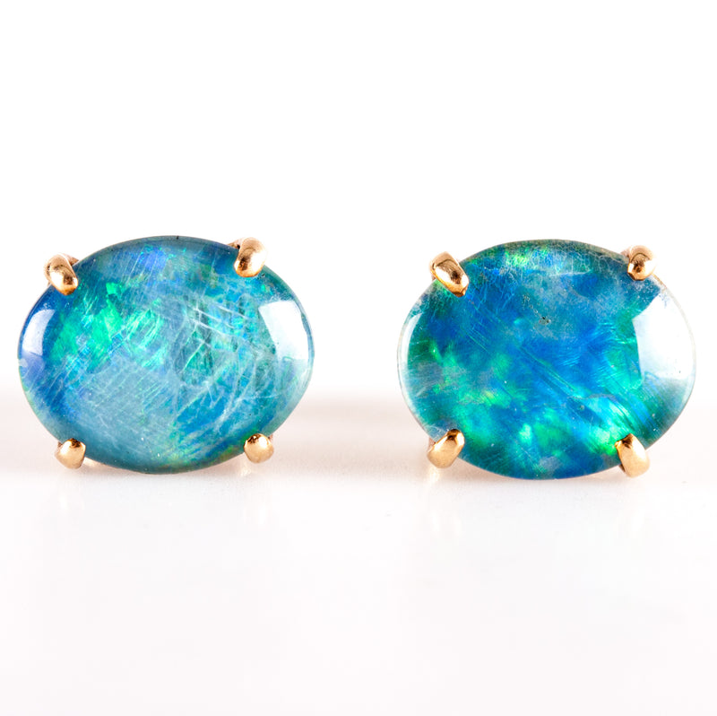 14k Yellow Gold Oval Cabochon Triplet Opal Solitaire Stud Earrings 2.05g