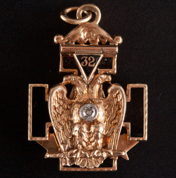 Vintage 14k Yellow Gold Diamond 32nd Degree Scottish Rite of Freemasonry Pendant