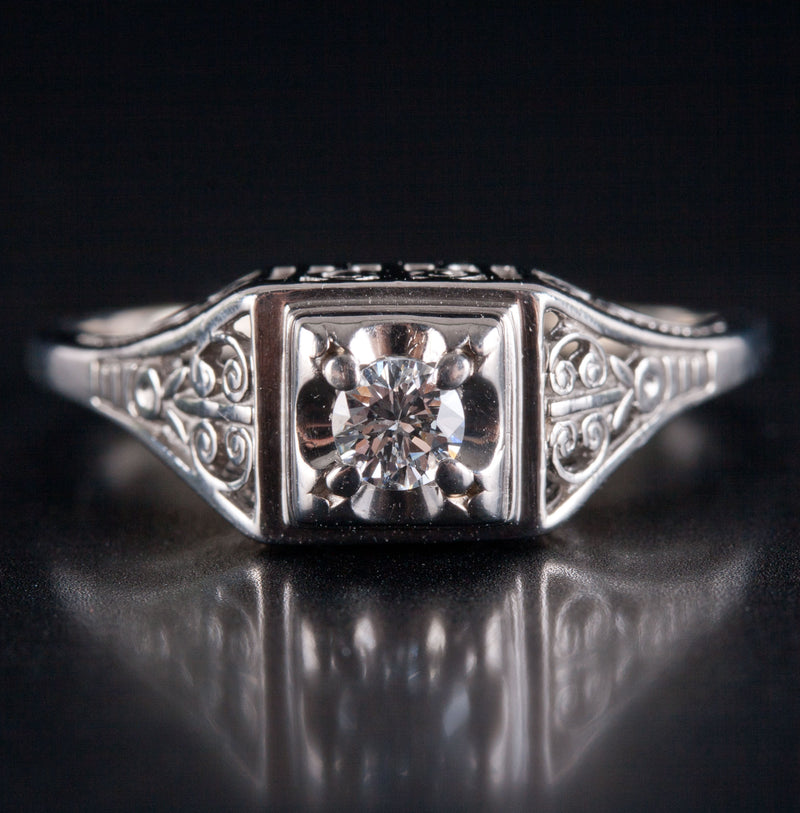 950 Platinum H SI1 Round Diamond Solitaire Filigree Engagement Ring .20ct 5.24g