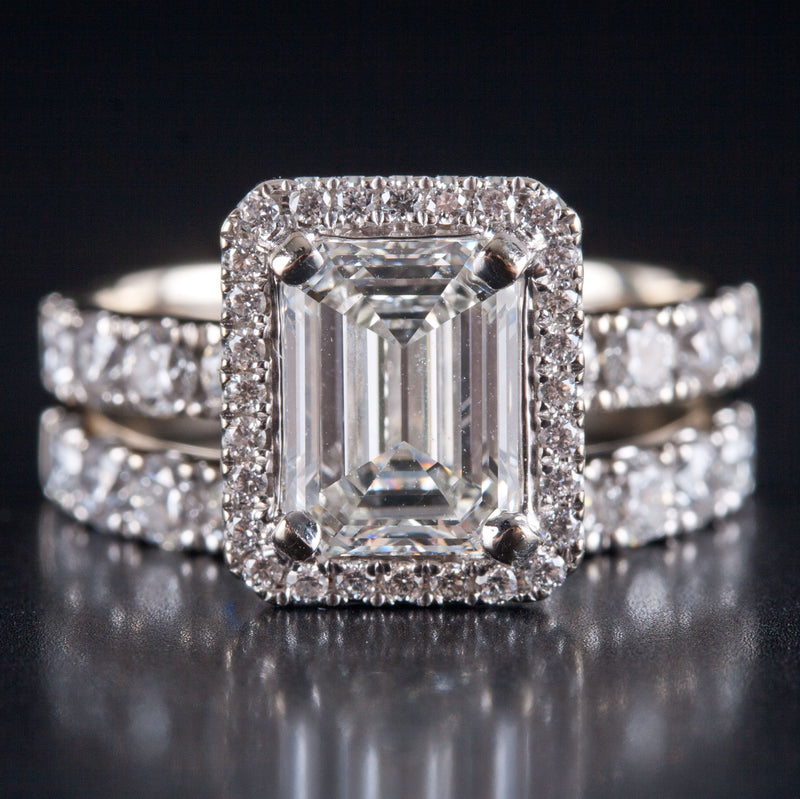14k White Gold Diamond Halo Engagement Wedding Ring Set W/ GIA Cert 3.23ctw