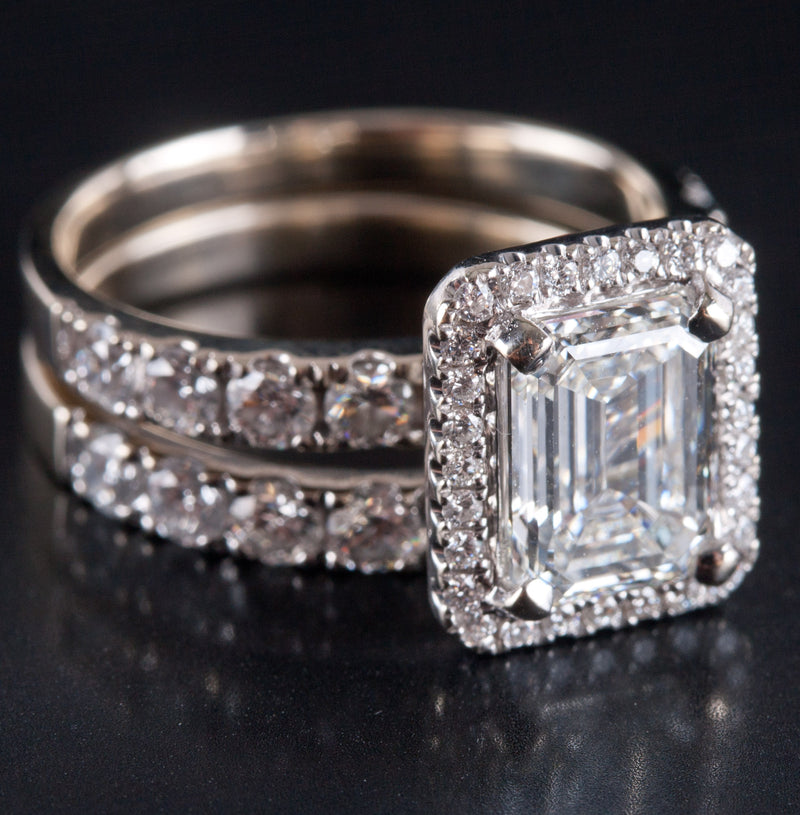 14k White Gold Diamond Halo Engagement Wedding Ring Set W/ GIA Cert 3.23ctw
