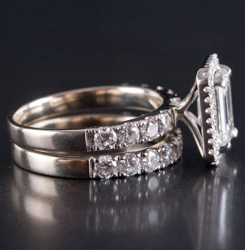 14k White Gold Diamond Halo Engagement Wedding Ring Set W/ GIA Cert 3.23ctw