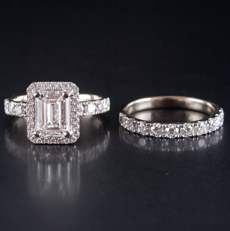 14k White Gold Diamond Halo Engagement Wedding Ring Set W/ GIA Cert 3.23ctw