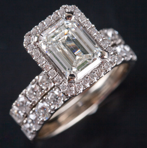 14k White Gold Diamond Halo Engagement Wedding Ring Set W/ GIA Cert 3.23ctw