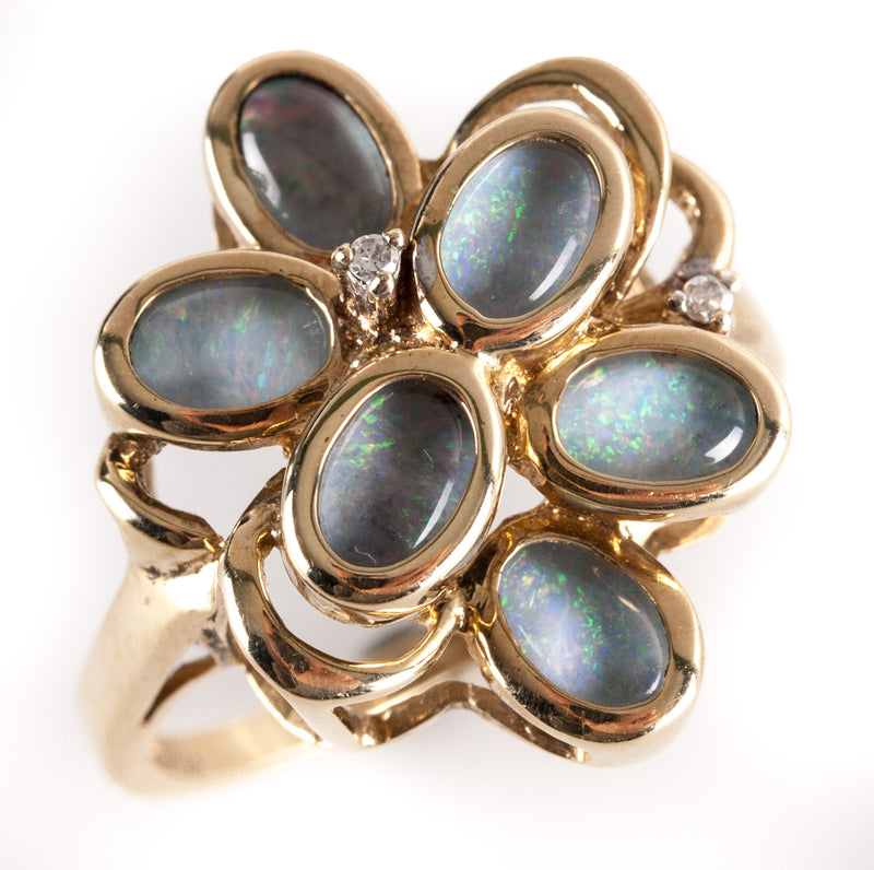 Vintage 1960's 14k Yellow Gold Oval Opal Diamond Cocktail Ring .01ctw 3.75g