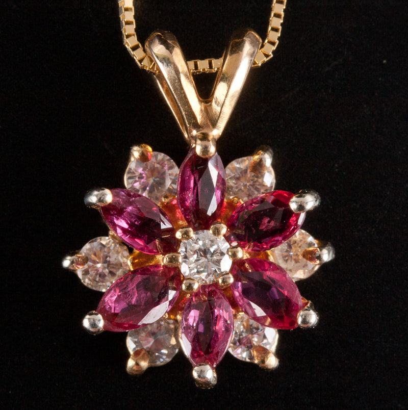 14k Yellow Gold Ruby Diamond Floral Style Necklace W/ 16" Chain .93ctw 2.3g