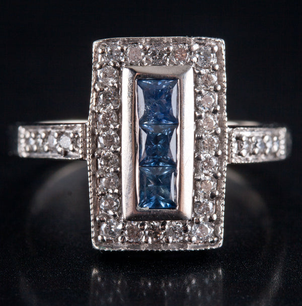 14k White Gold Princess Sapphire & Round Diamond Cocktail Ring .95ctw 4.18g