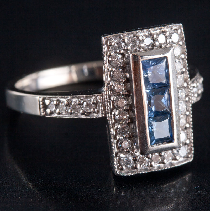14k White Gold Princess Sapphire & Round Diamond Cocktail Ring .95ctw 4.18g